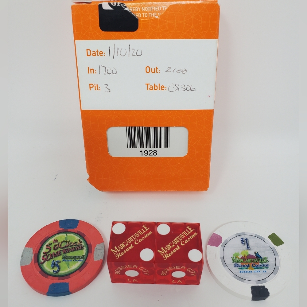 MARGARITAVILLE CASINO GAME USED PAIR OF DICE $1 & $5 POKER CHIPS & PLAYING CARDS